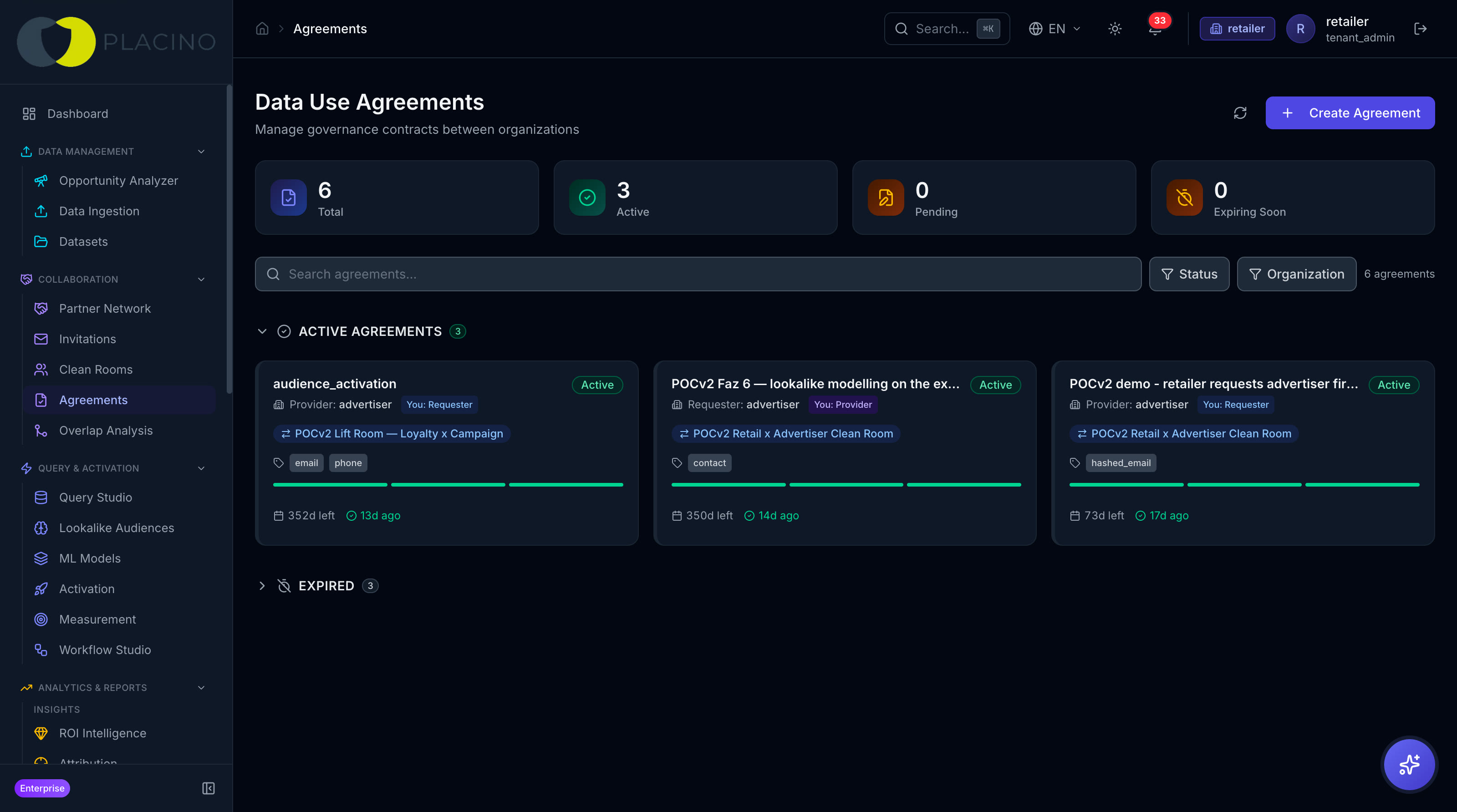 Placino screen: Data Use Agreements